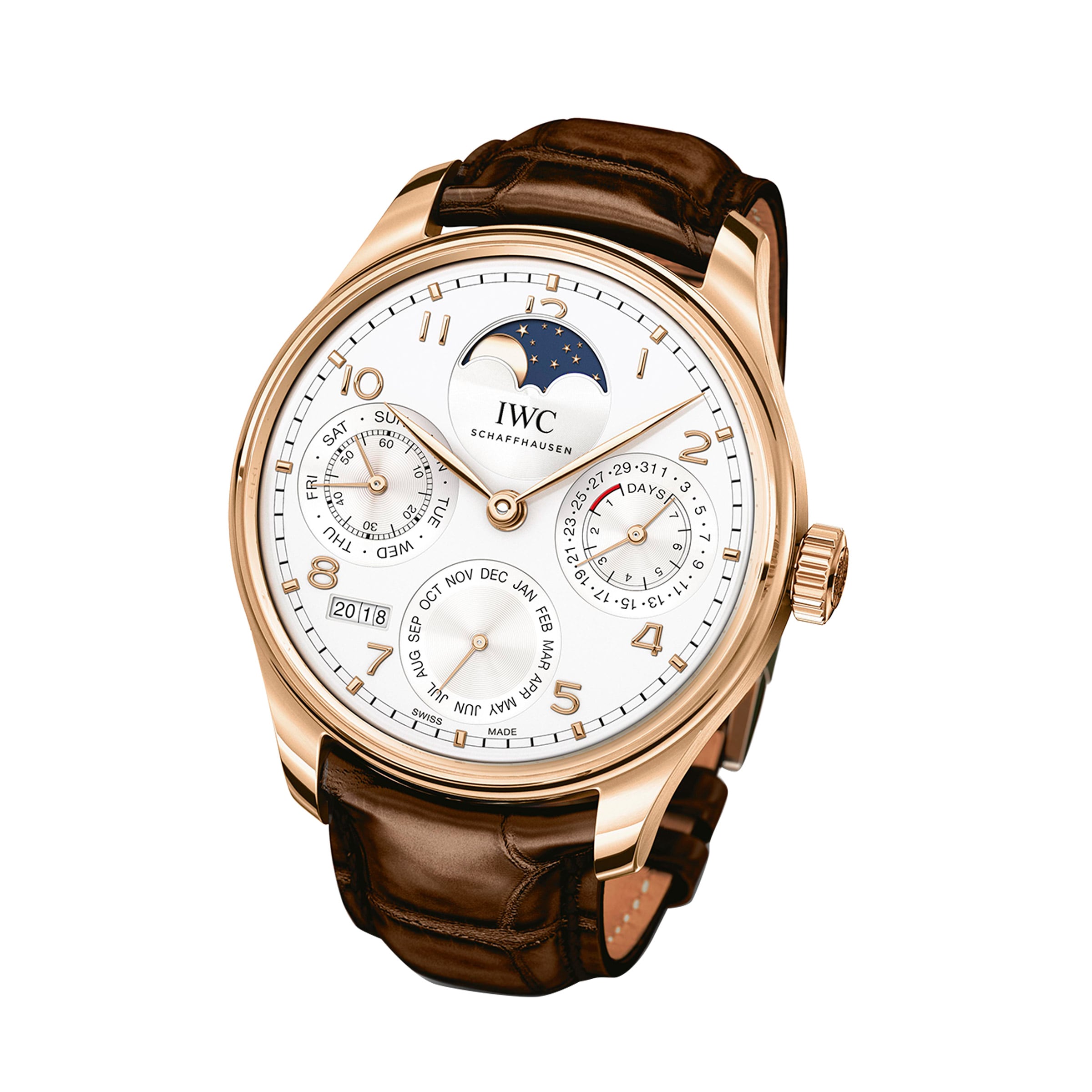 The IWC Schaffhausen Portugieser Perpetual Calendar is a luxury wristwatch with an 18ct gold case, brown leather strap, white dial, moon phase display, and a perpetual calendar showing date, day, month, and year on multiple subdials.