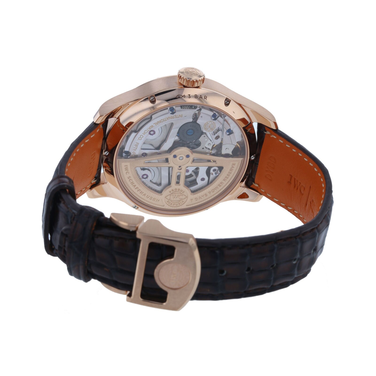 The IWC Schaffhausen Portugieser Perpetual Calendar features an 18ct rose gold case, transparent back revealing its mechanical movement, and comes with a black leather strap and signed buckle.