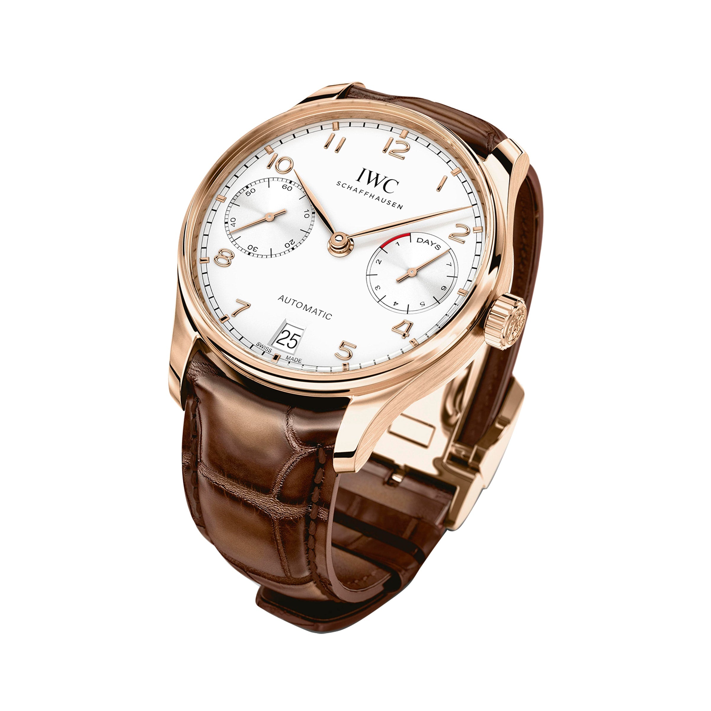 The IWC Schaffhausen Portugieser Automatic features an 18ct 5N gold case, white dial, brown leather strap, subdials for seconds and seven-day power reserve, plus a date window at 6 o’clock.