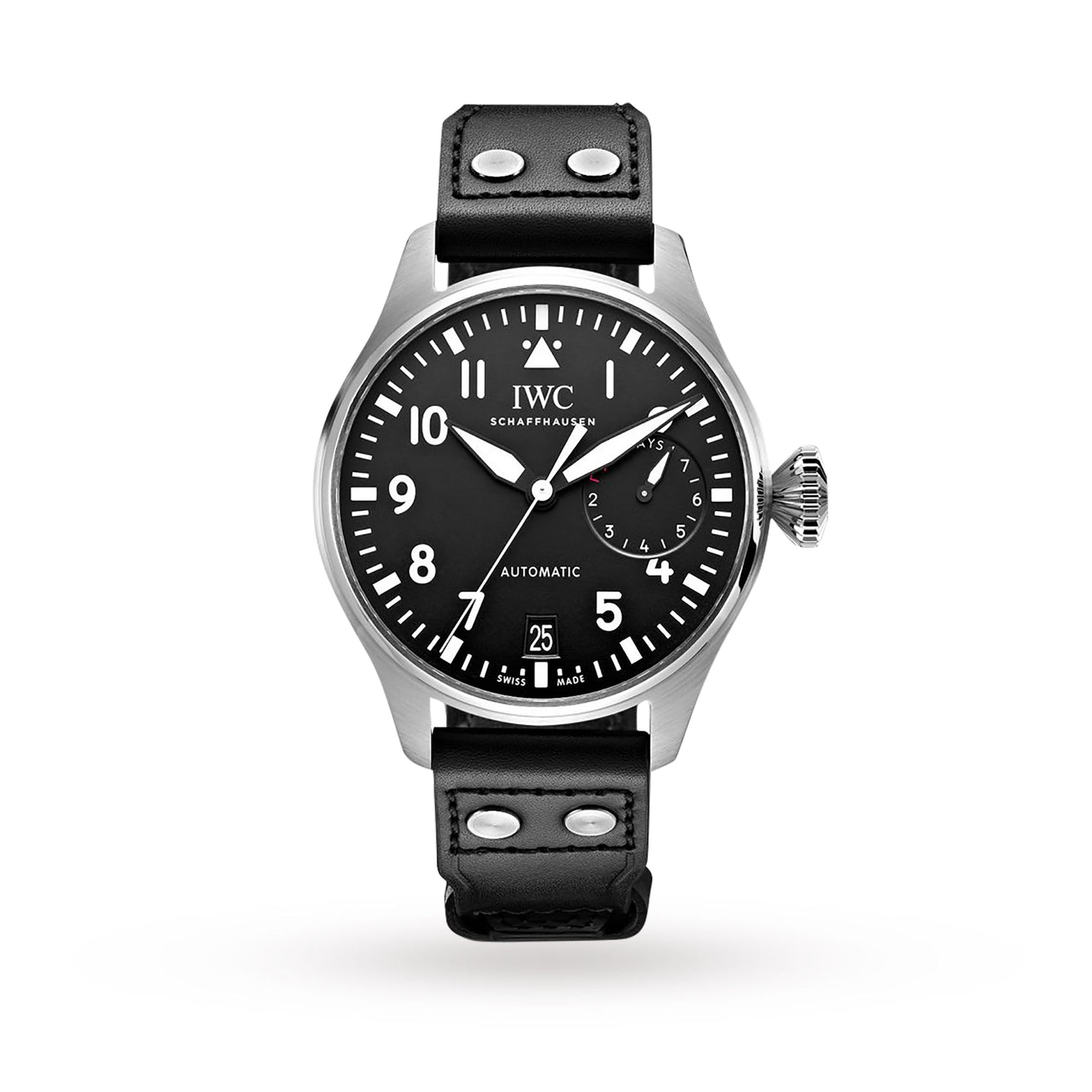 The IWC Schaffhausen Big Pilots Watch features a black dial with white numerals, stainless steel case, date display, black leather strap with metal rivets, and 52010 calibre automatic movement.
