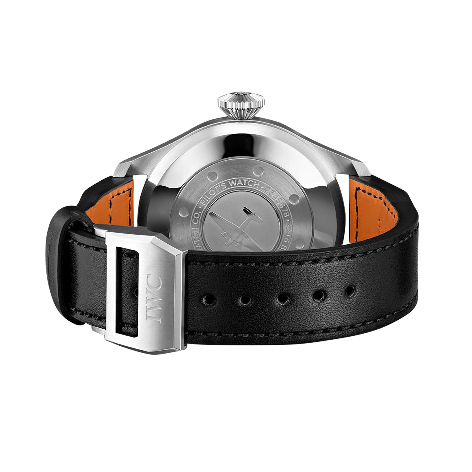 Back view of the IWC Schaffhausen Big Pilots Watch, showcasing a black leather strap, silver IWC-engraved buckle, and stainless steel case marked with its robust 52010 calibre.