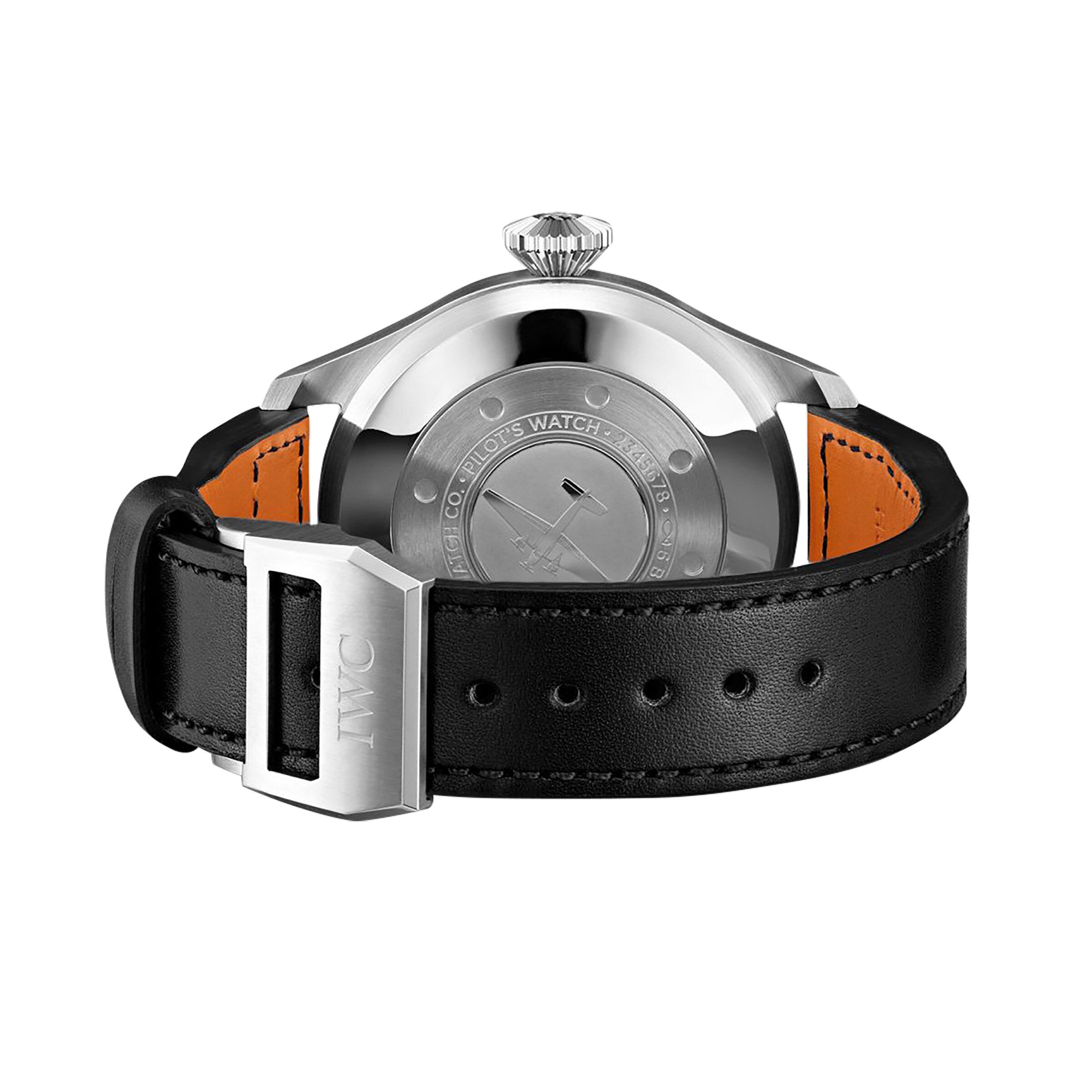 Back view of the IWC Schaffhausen Big Pilots Watch, showcasing a black leather strap, silver IWC-engraved buckle, and stainless steel case marked with its robust 52010 calibre.