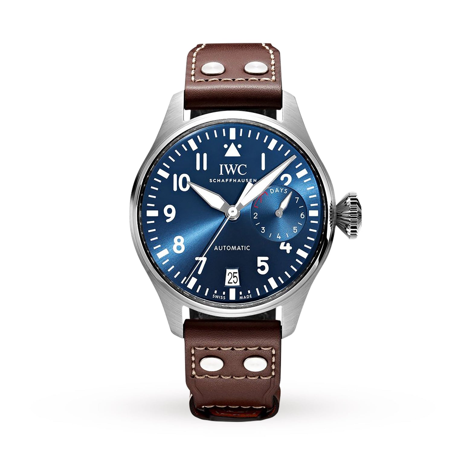 The IWC Schaffhausen Big Pilots Watch Edition Le Petit Prince features a stainless steel case, blue dial with white numerals, brown leather strap, automatic movement, and day-date display.