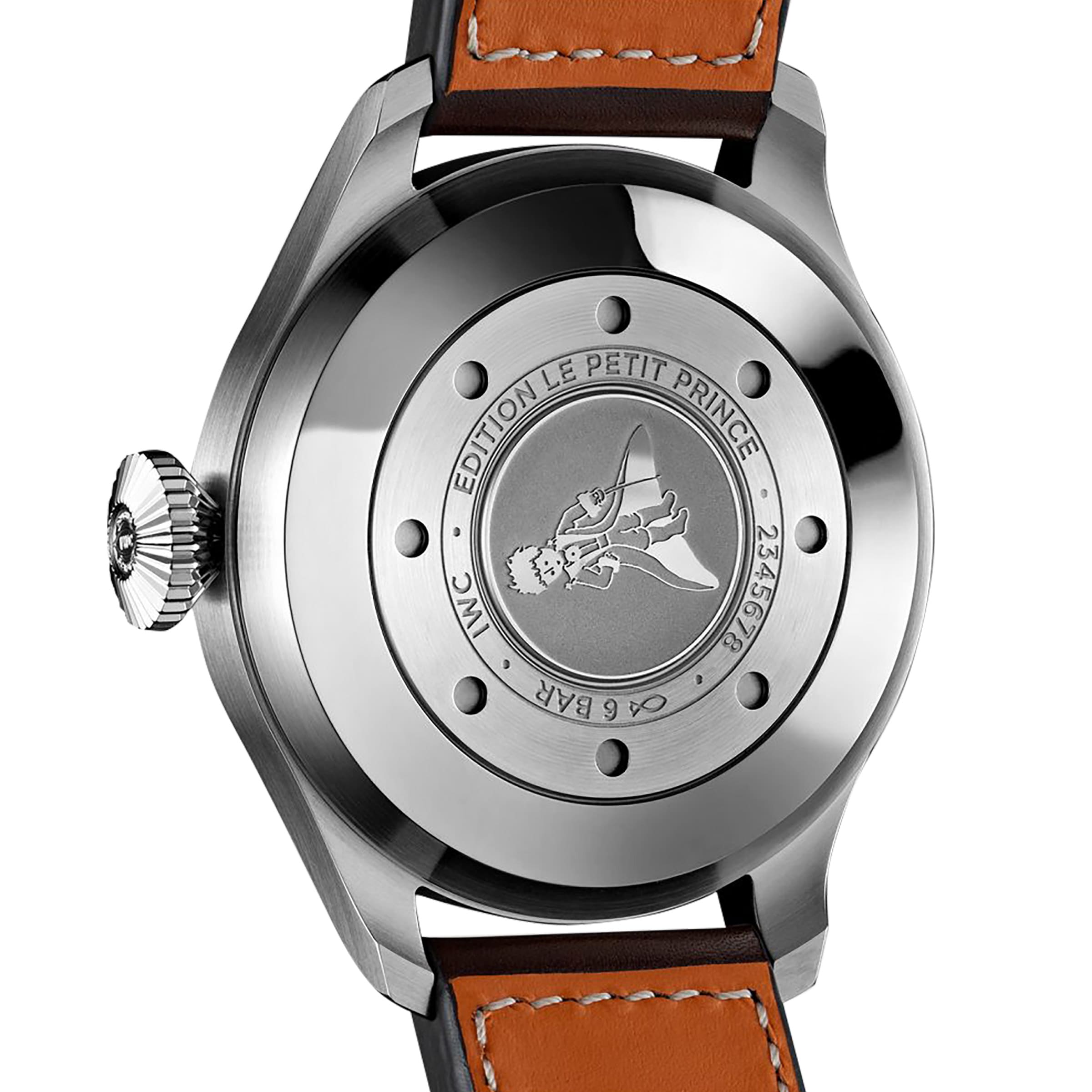 The image displays the back of the IWC Schaffhausen Big Pilots Watch Edition Le Petit Prince, featuring a leather strap, stainless steel case, and an engraving of the Little Prince with “EDITION LE PETIT PRINCE” on the case.