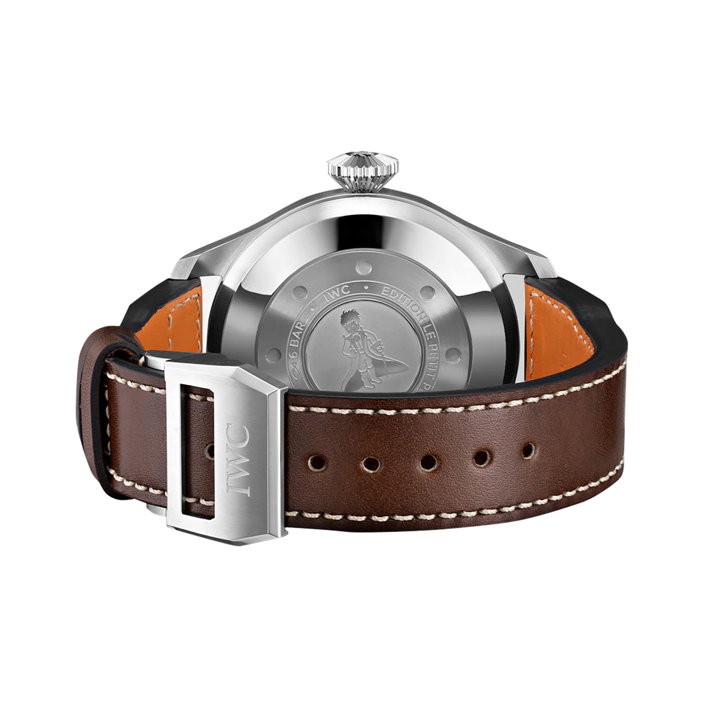 The back view of the IWC Schaffhausen Big Pilots Watch Edition Le Petit Prince showcases a brown leather strap, silver IWC-engraved buckle, and a stainless steel case back engraved with Le Petit Prince—a classic automatic watch detail.