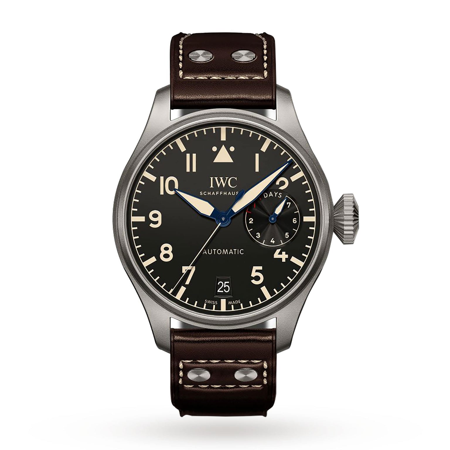 A standout among pilot’s watches, the IWC Schaffhausen Big Pilots Watch Heritage showcases a black dial, brown leather strap, power reserve and date subdial—all within a robust stainless steel case.