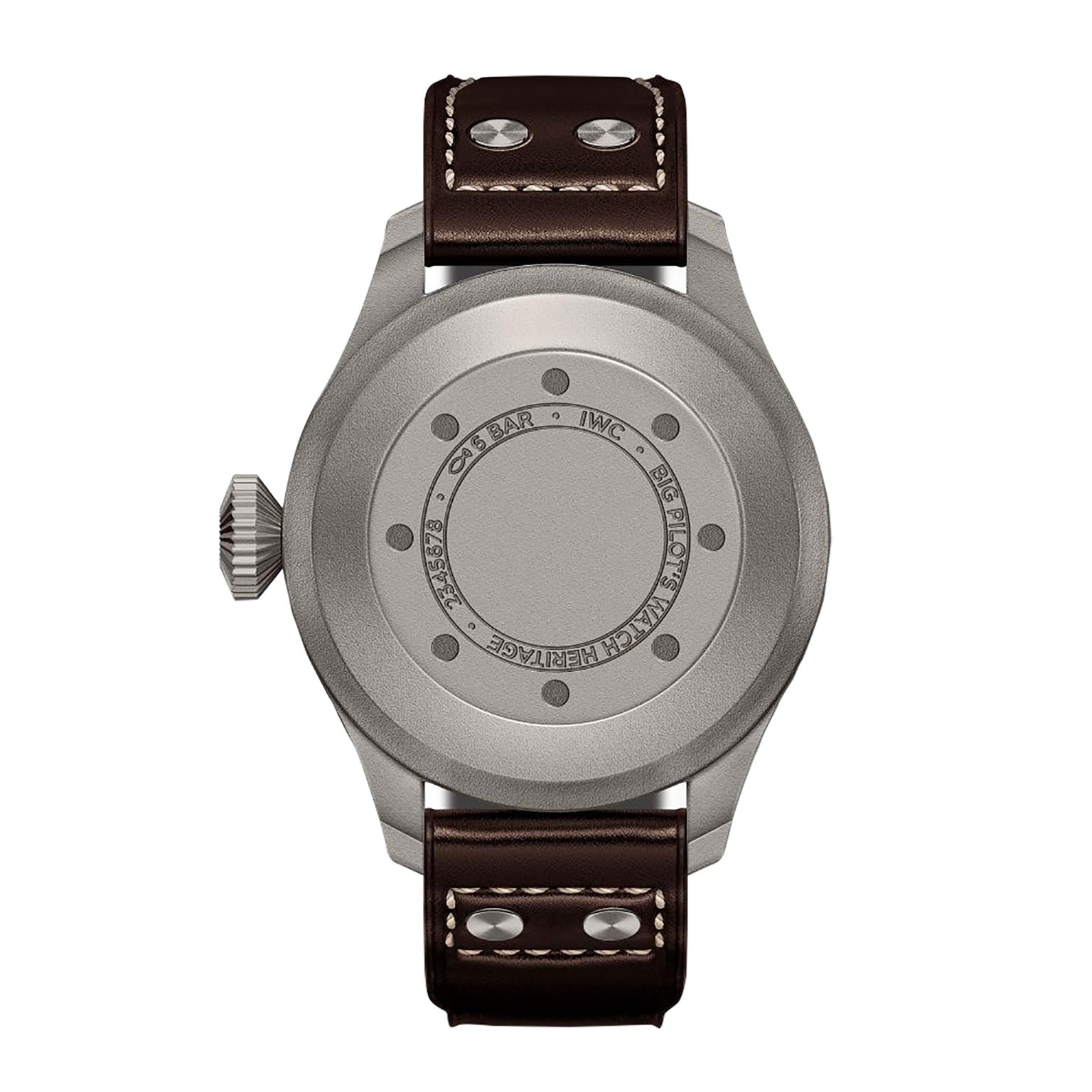 The IWC Schaffhausen Big Pilots Watch Heritage features a closed, round titanium case back and a dark brown leather strap with white stitching and two metal rivets, echoing classic Pilots Watch design.