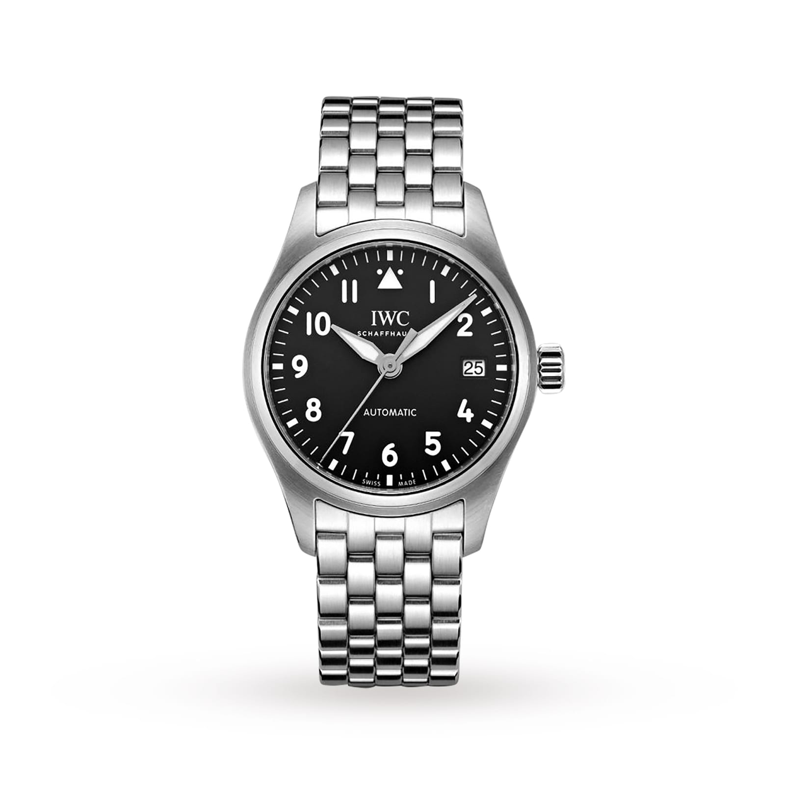 The IWC Schaffhausen Pilots Watch Automatic 36 features a stainless steel case, black dial with white numerals, date display at 3 oclock, and a metal bracelet, shown against a white background.
