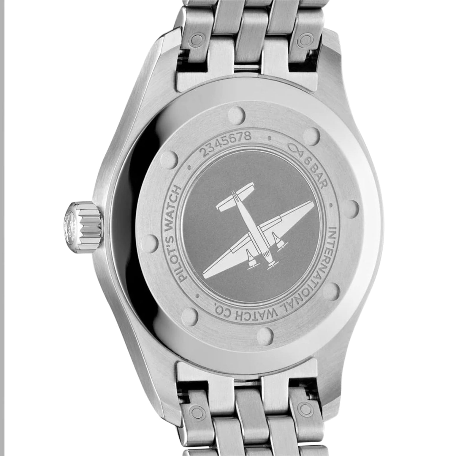 The IWC Schaffhausen Pilots Watch Automatic 36 features a stainless steel caseback engraved with an airplane and text around the edge, including PILOTS WATCH and INTERNATIONAL WATCH CO.—a hallmark of this refined timepiece.