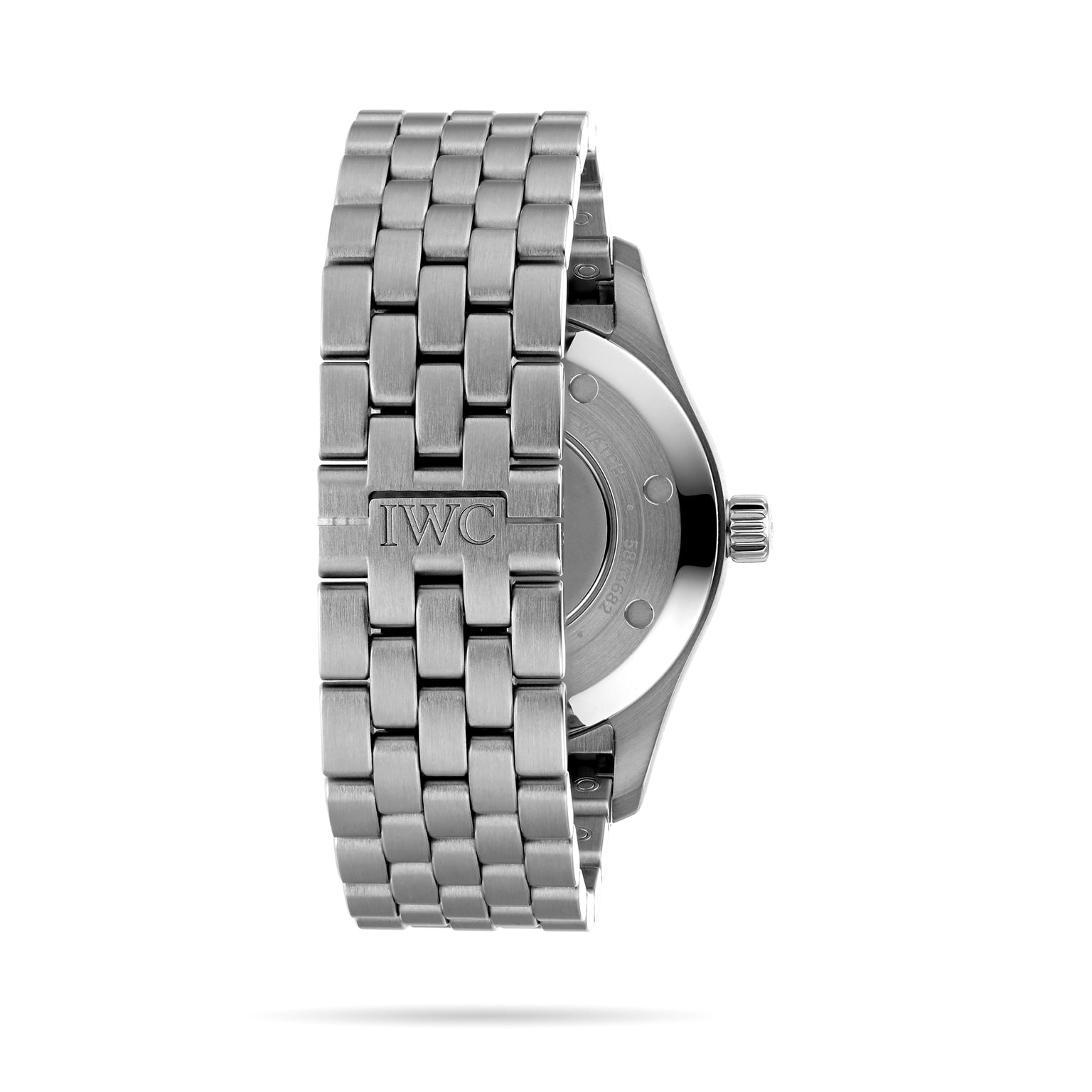 Rear view of the IWC Schaffhausen Pilots Watch Automatic 36, featuring a stainless steel bracelet with an IWC-engraved clasp, and a partially visible watch case and crown.