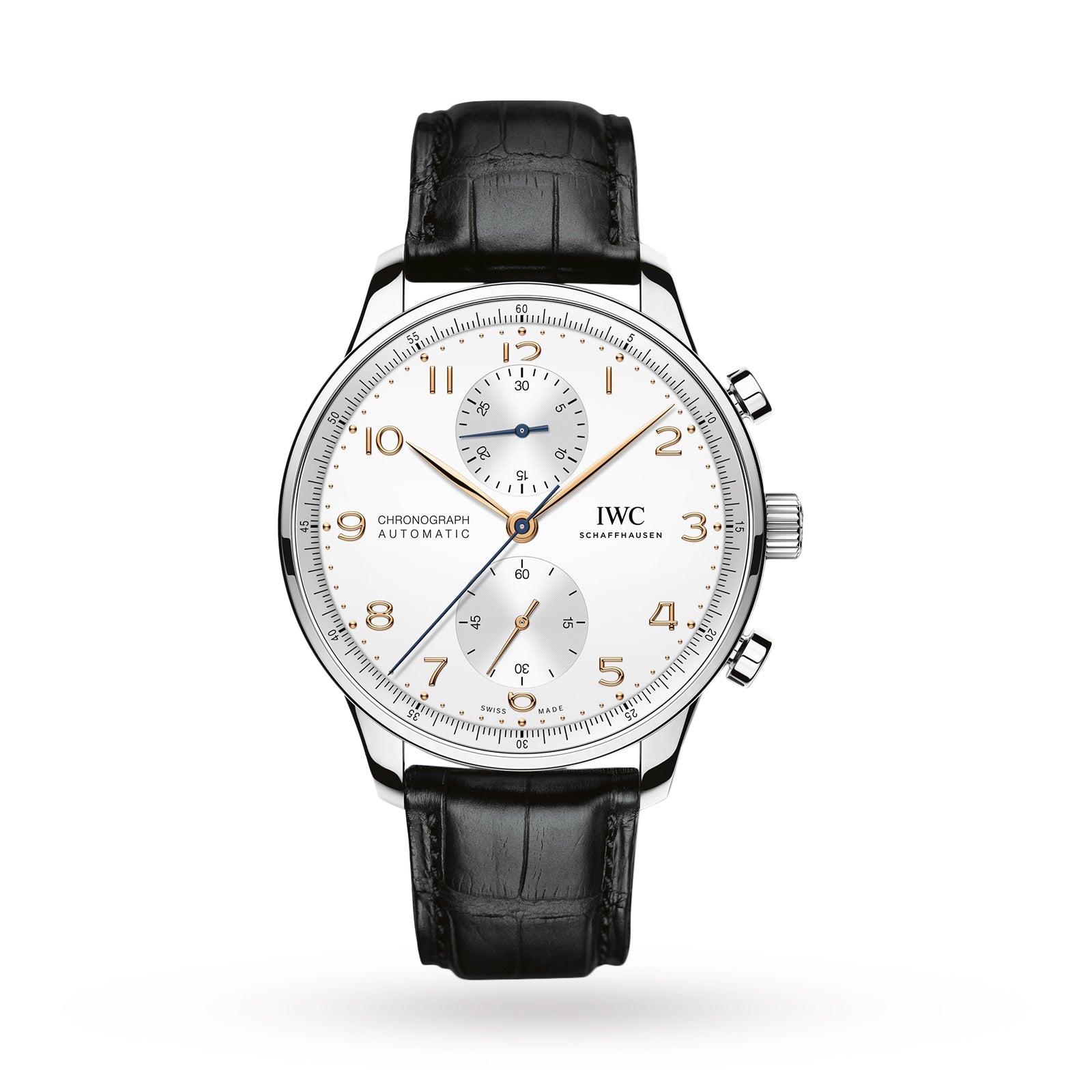 The IWC Schaffhausen Portugieser Chronograph features a stainless steel case, white dial with gold numerals, two subdials, and a black leather strap, showcased against a white background.