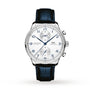 The IWC Schaffhausen Portugieser Chronograph features a stainless steel case, white dial with blue hands and numerals, subdials at 12 and 6 o’clock, and a black leather strap, shown on a white background.