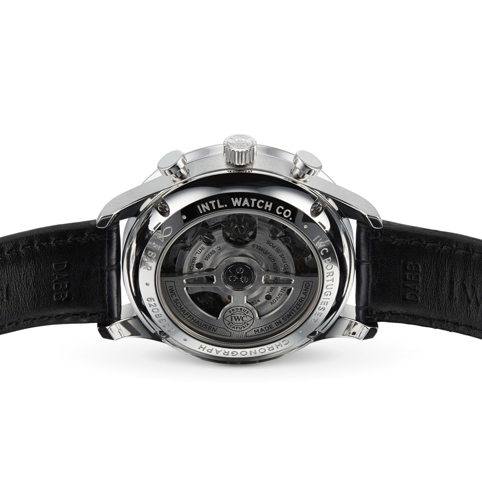 Back view of the IWC Schaffhausen Portugieser Chronograph showcasing a transparent case back, visible 69355 calibre movement, and engraved stainless steel case.