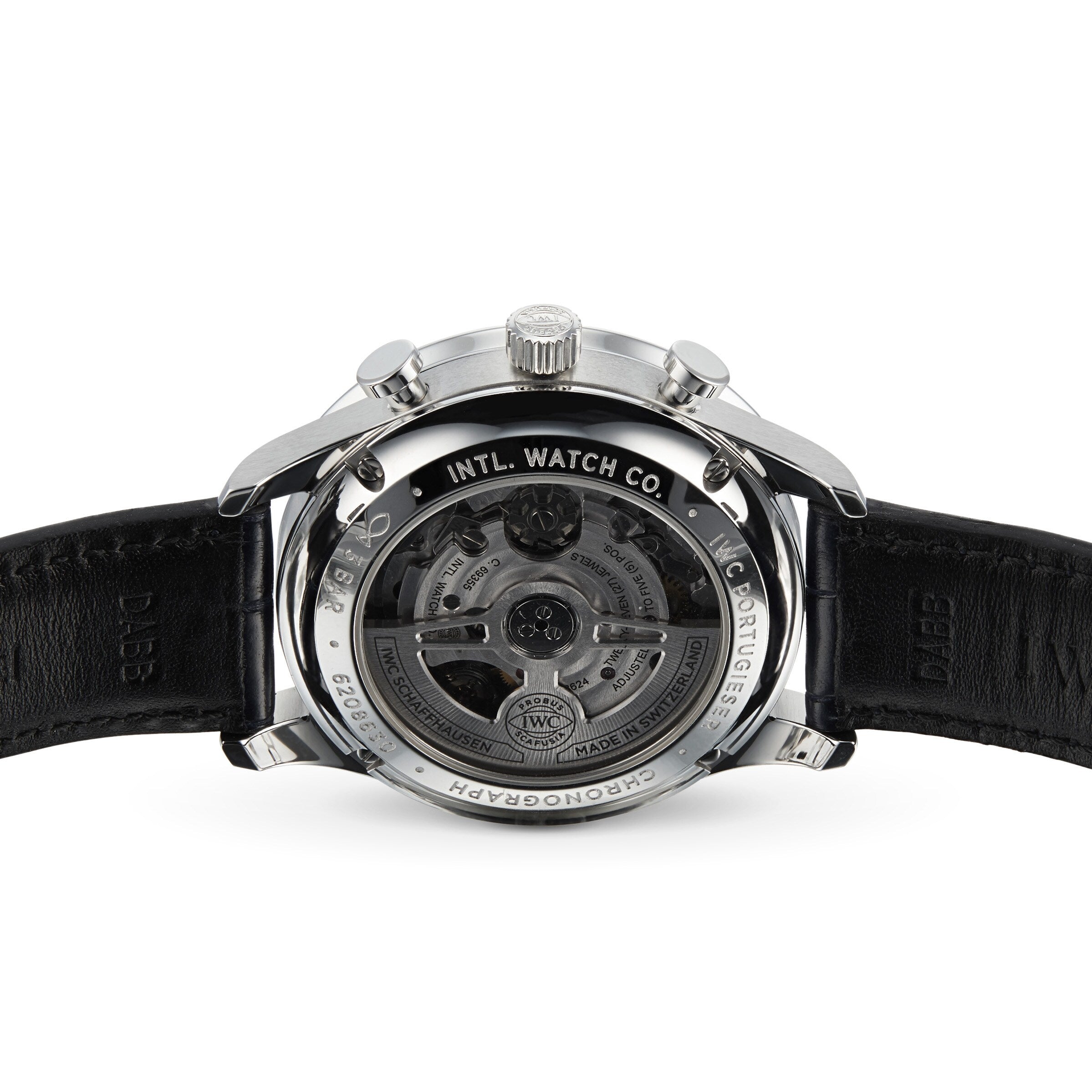 Back view of the IWC Schaffhausen Portugieser Chronograph showcasing a transparent case back, visible 69355 calibre movement, and engraved stainless steel case.