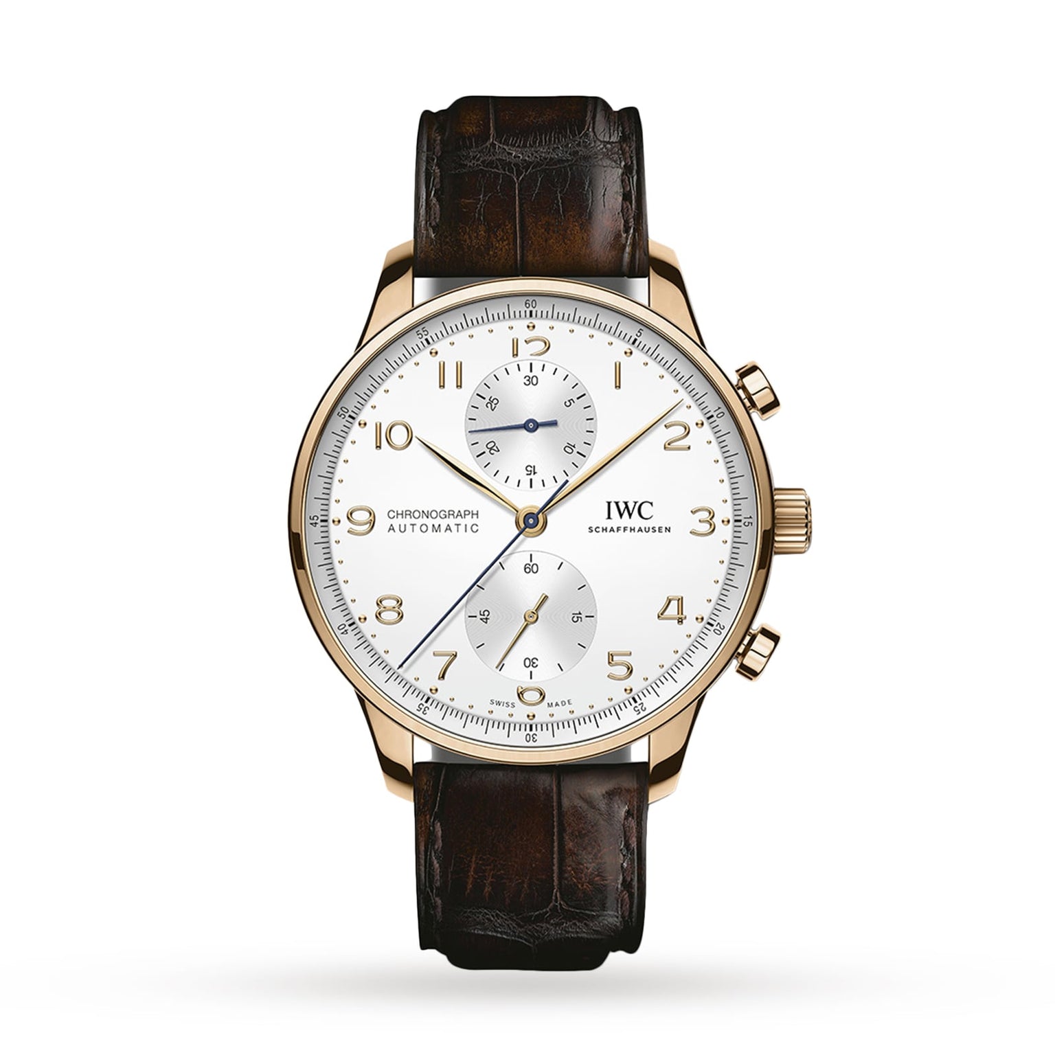 An IWC Schaffhausen Portugieser Chronograph with a gold case, white dial, gold markers and hands, brown leather strap, and three subdials is displayed against a plain white background.
