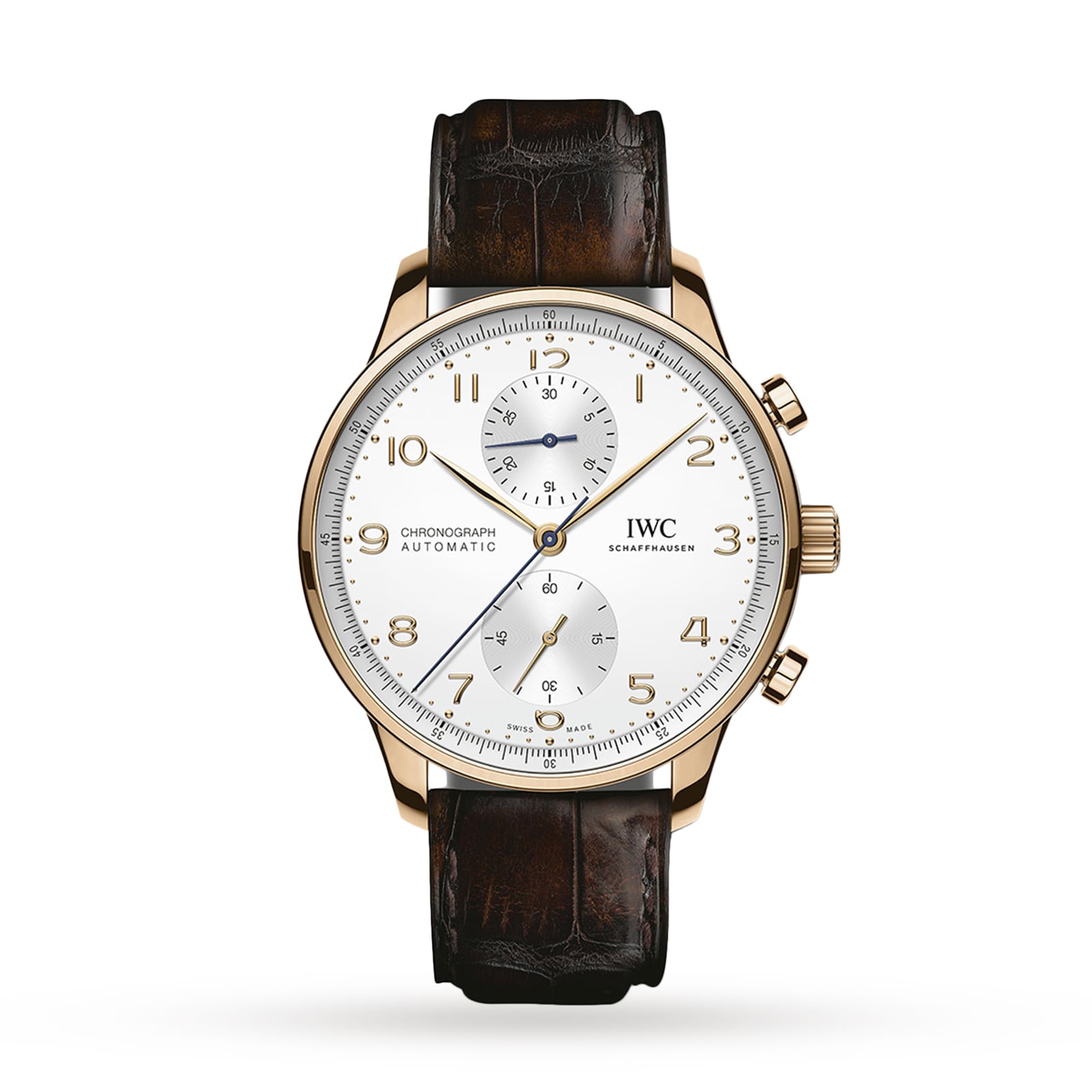 An IWC Schaffhausen Portugieser Chronograph with a gold case, white dial, gold markers and hands, brown leather strap, and three subdials is displayed against a plain white background.