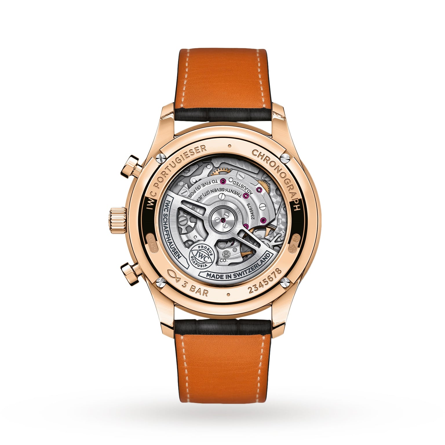 Back view of the IWC Schaffhausen Portugieser Chronograph displays its mechanical movement through a transparent case, highlighting precision timekeeping and paired with a brown leather strap.