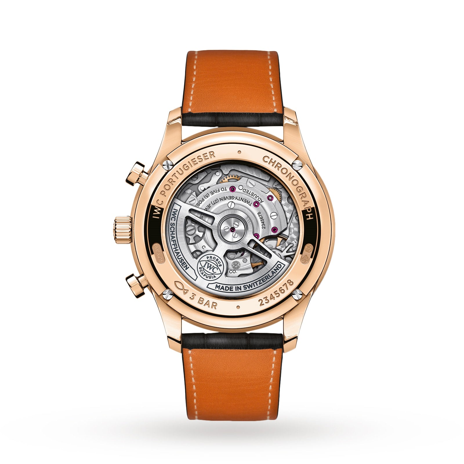 Back view of the IWC Schaffhausen Portugieser Chronograph displays its mechanical movement through a transparent case, highlighting precision timekeeping and paired with a brown leather strap.