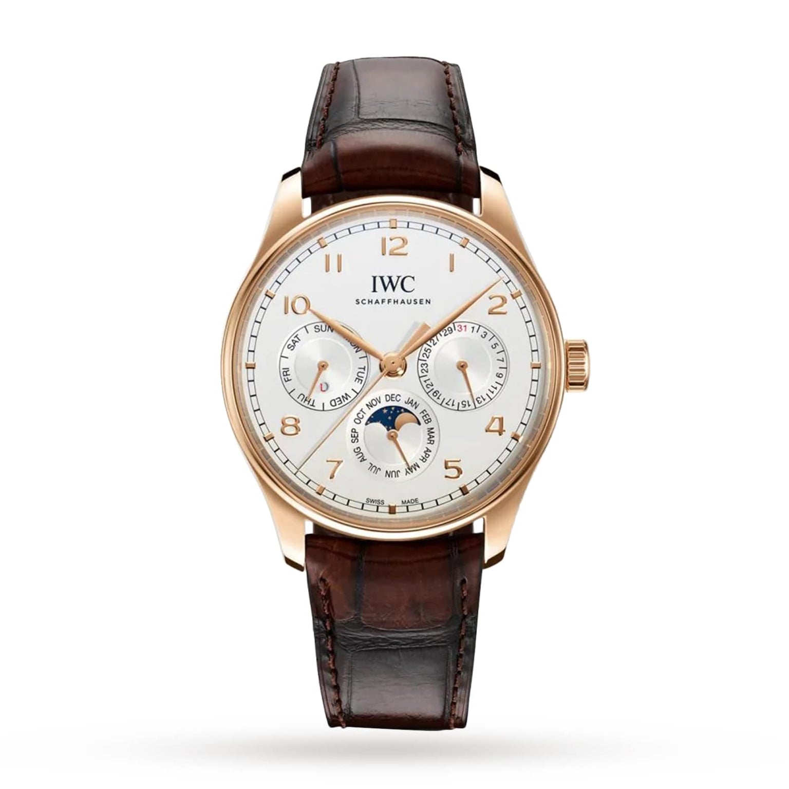 The IWC Schaffhausen Portugieser Perpetual Calendar 42 features an 18ct gold case, white dial with three subdials, date and power reserve indicators, and a brown leather strap.