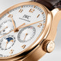 Close-up of the IWC Schaffhausen Portugieser Perpetual Calendar 42 wristwatch, featuring an 18ct gold case, white dial, leather strap, and subdials displaying perpetual calendar and moon phase complications.
