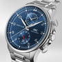 Close-up of the IWC Schaffhausen Portugieser Yacht Club Chronograph, featuring a blue dial, silver hands, date display, chronograph subdials, and an IWC 89361 calibre—an iconic nautical sports watch.