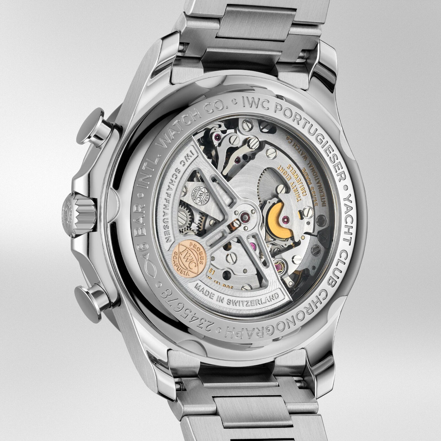 Close-up of the IWC Schaffhausen Portugieser Yacht Club Chronograph’s caseback, revealing its 89361 calibre automatic movement and intricate engravings that highlight this iconic nautical sports watch.
