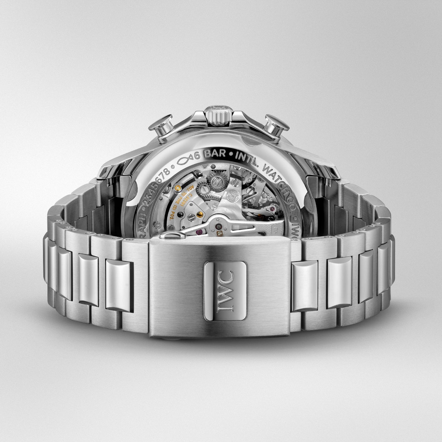 Close-up of the stainless steel IWC Schaffhausen Portugieser Yacht Club Chronograph, showcasing its exhibition case with in-house 89361 calibre movement and an IWC-engraved clasp—a true icon among nautical sports watches.