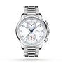 The IWC Schaffhausen Portugieser Yacht Club Chronograph features a stainless steel case, white dial, blue hands, numeric hour markers, date at 6 o’clock, and a metal link bracelet—ideal for lovers of nautical sports watches.