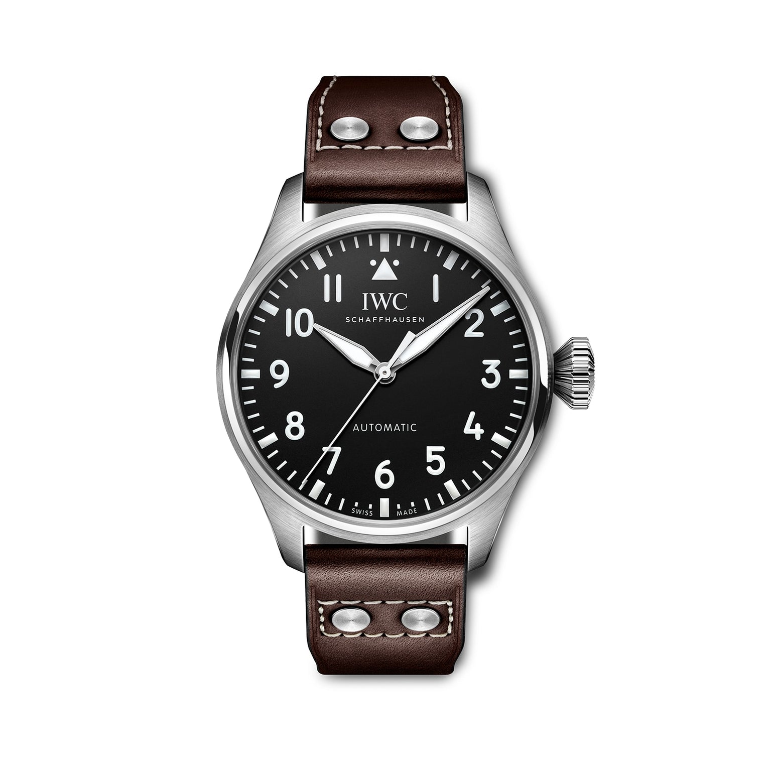 The IWC Schaffhausen Big Pilots Watch 43 features a stainless steel case, black dial with white numerals, brown leather strap with metal rivets—an iconic piece in the Pilot’s Watches collection.