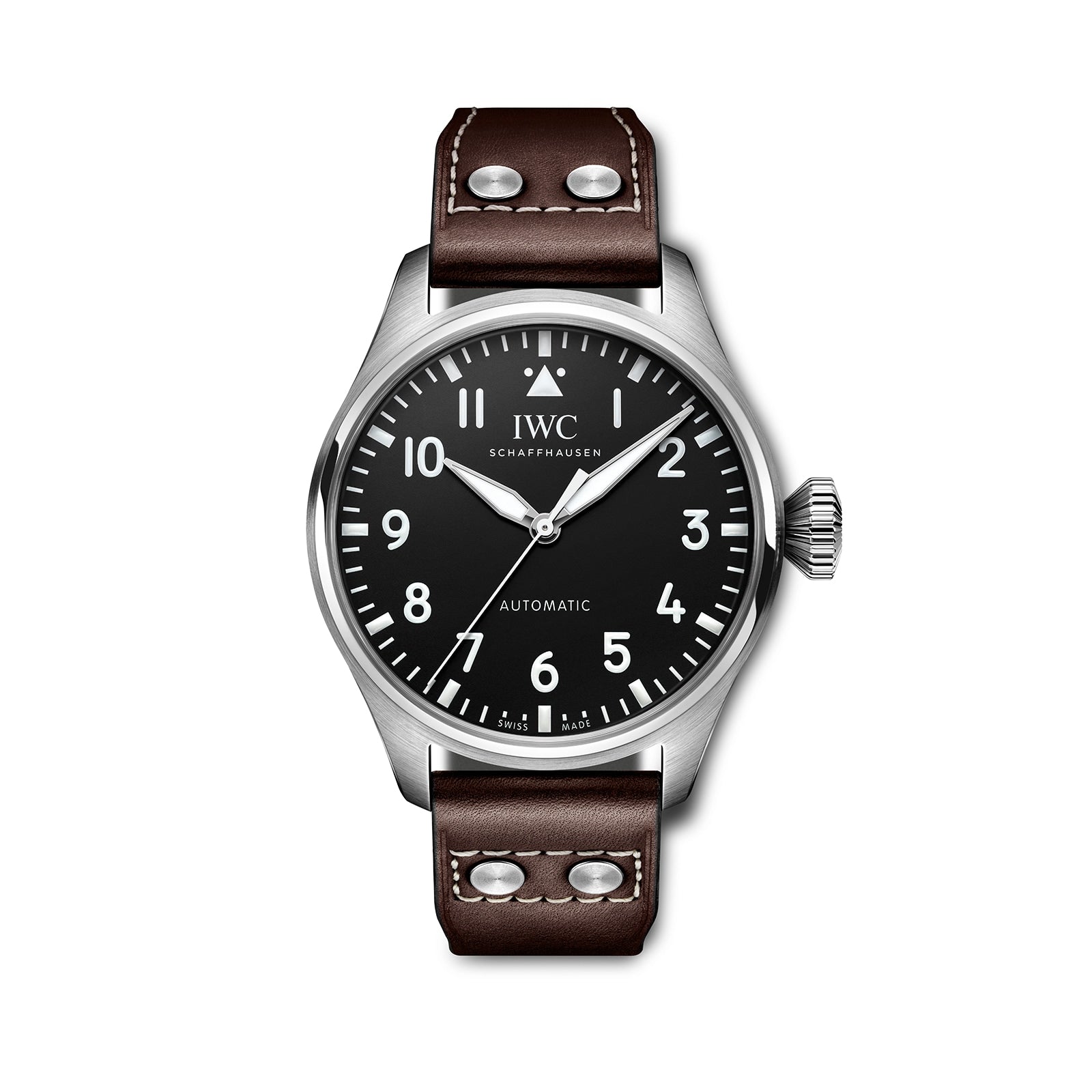 The IWC Schaffhausen Big Pilots Watch 43 features a stainless steel case, black dial with white numerals, brown leather strap with metal rivets—an iconic piece in the Pilot’s Watches collection.