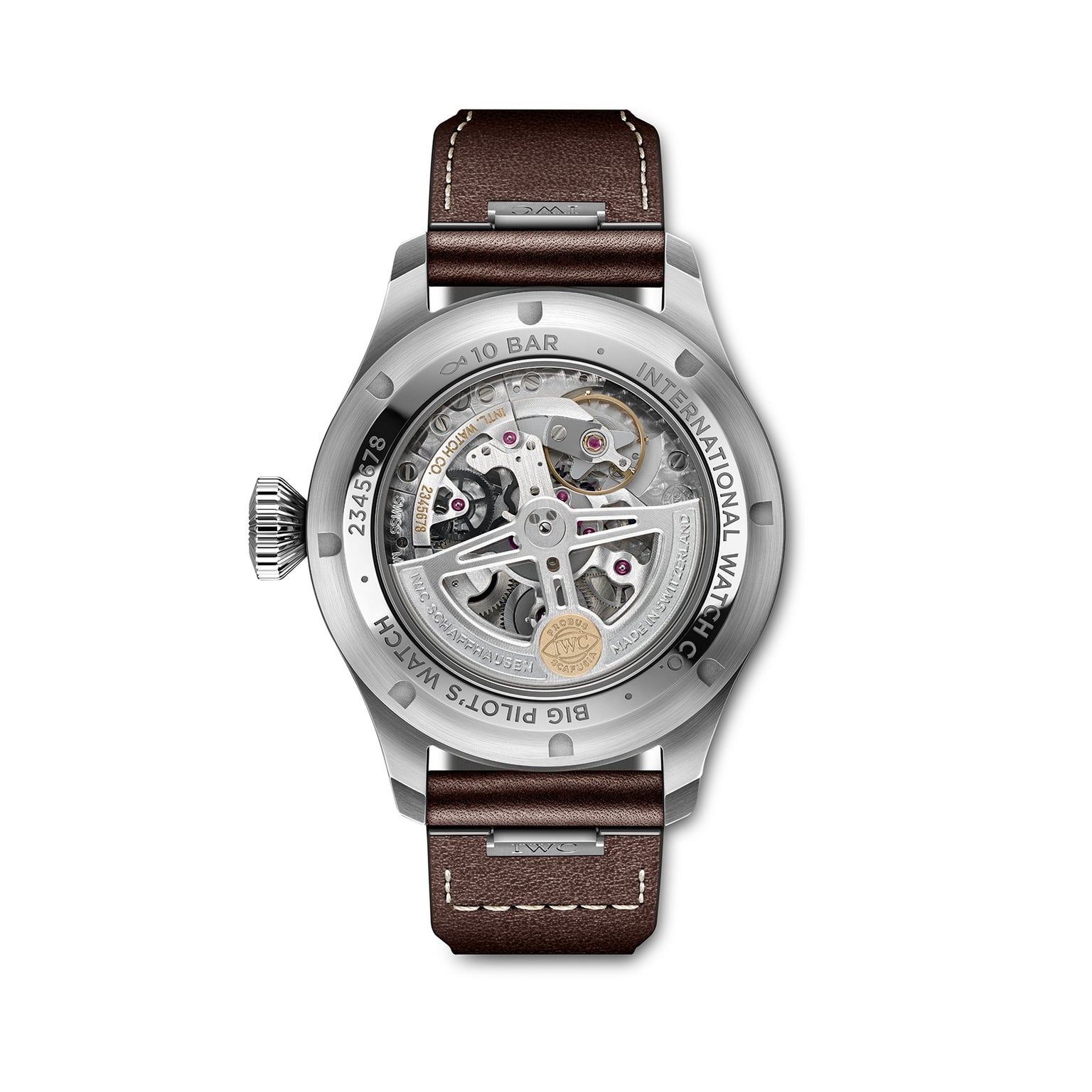A close-up of the IWC Schaffhausen Big Pilots Watch 43 shows its silver stainless steel case, visible mechanical movement, brown leather strap, and engraved text around the back.