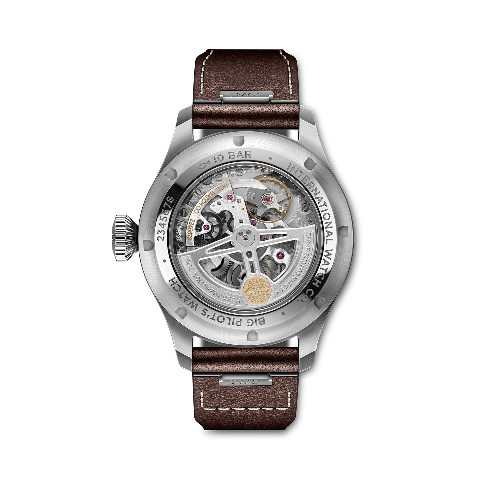 A close-up of the IWC Schaffhausen Big Pilots Watch 43 shows its silver stainless steel case, visible mechanical movement, brown leather strap, and engraved text around the back.