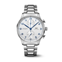 The IWC Schaffhausen Portugieser Chronograph features blue hands, Arabic numerals, and a stainless steel bracelet.