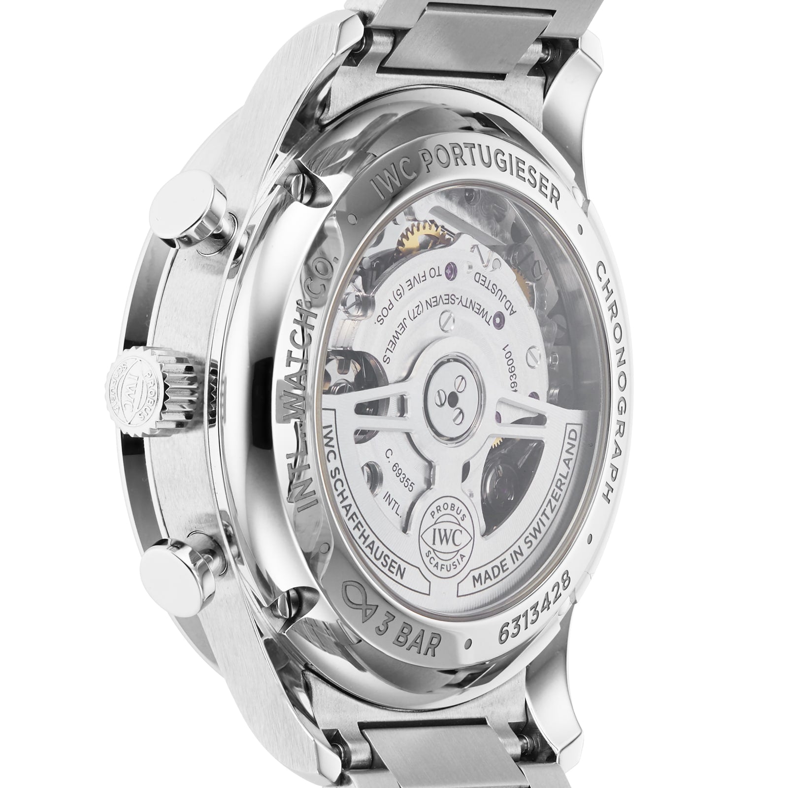 Close-up of the IWC Schaffhausen Portugieser Chronograph’s case back, displaying the 69355 calibre and detailed engravings through a sapphire crystal, paired with a stainless steel bracelet.