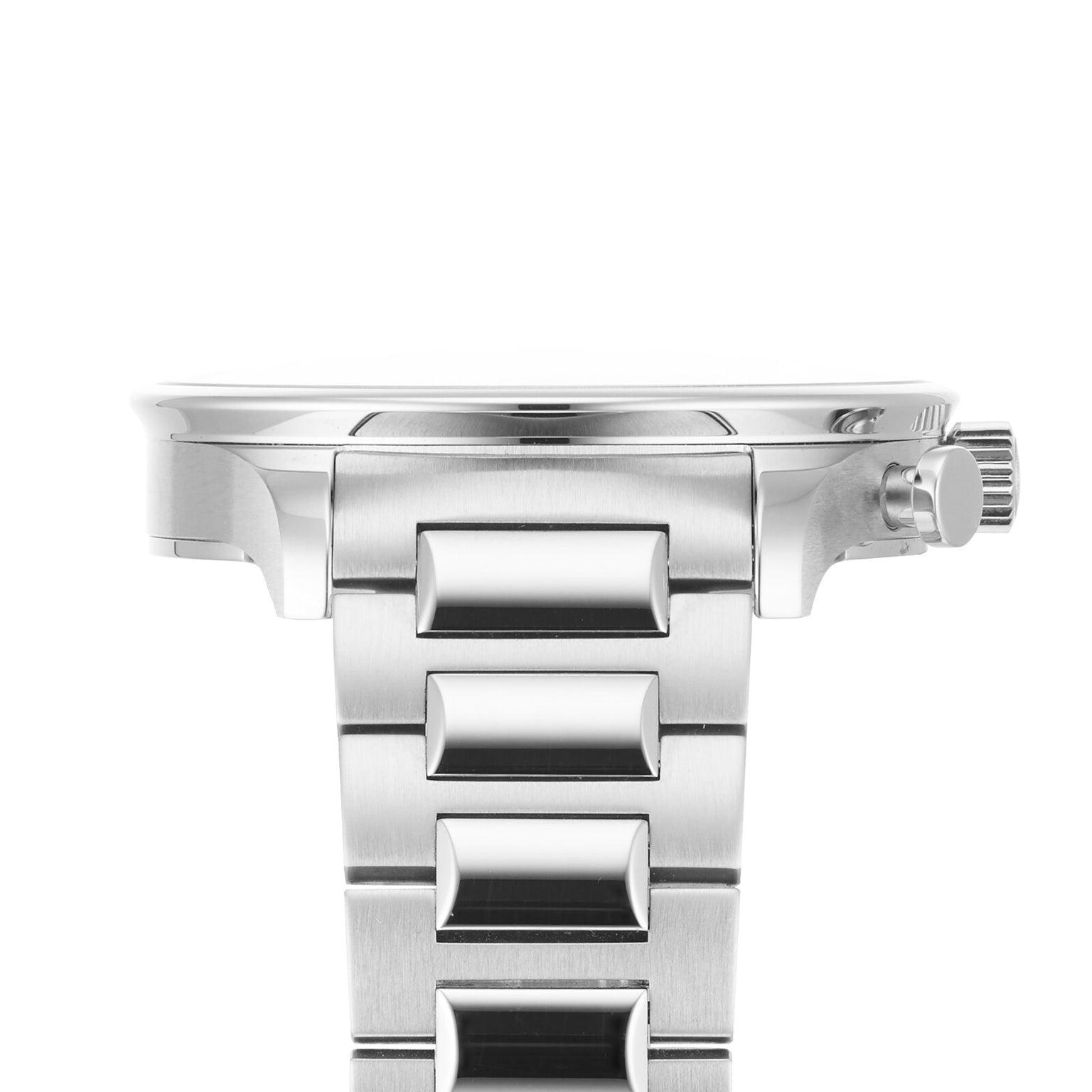 Close-up of the IWC Schaffhausen Portugieser Chronograph with a stainless steel bracelet highlights its side profile and crown, while the watch face stays out of view.