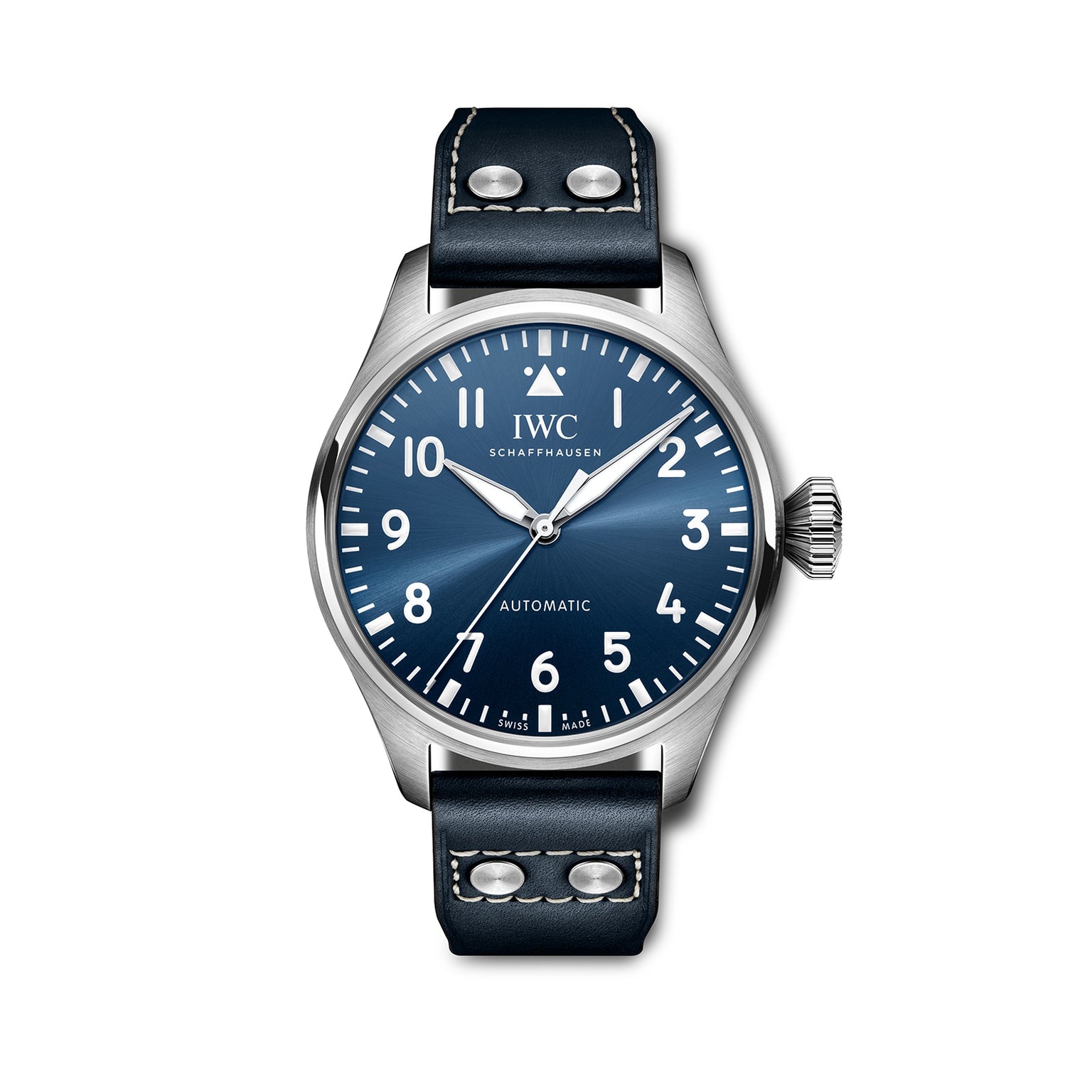 The IWC Schaffhausen Big Pilots Watch 43 showcases a bold blue dial, white numerals, and a black leather strap with white stitching, elegantly set against a white background.