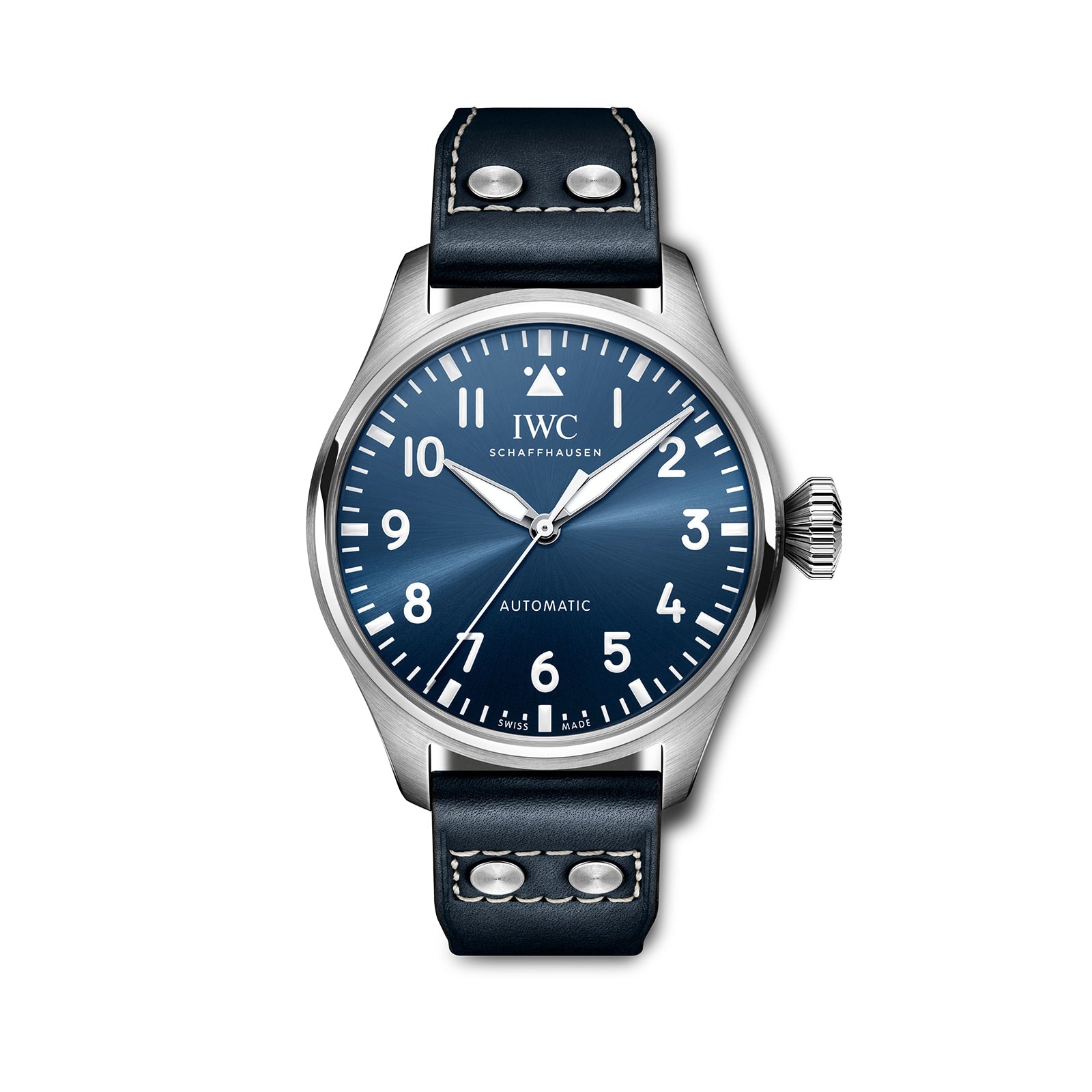The IWC Schaffhausen Big Pilots Watch 43 showcases a bold blue dial, white numerals, and a black leather strap with white stitching, elegantly set against a white background.