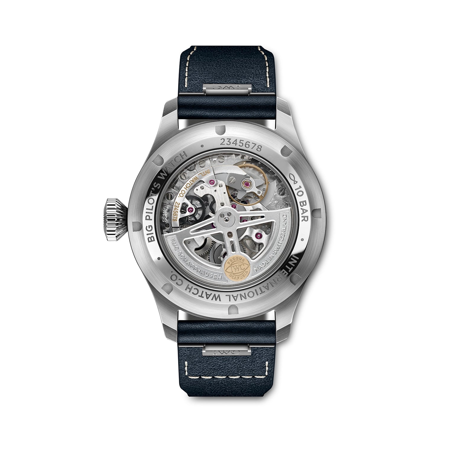 Back view of the IWC Schaffhausen Big Pilots Watch 43, showcasing its visible mechanical movement through a sapphire crystal caseback, paired with a black leather strap and glimpses of its striking blue dial.