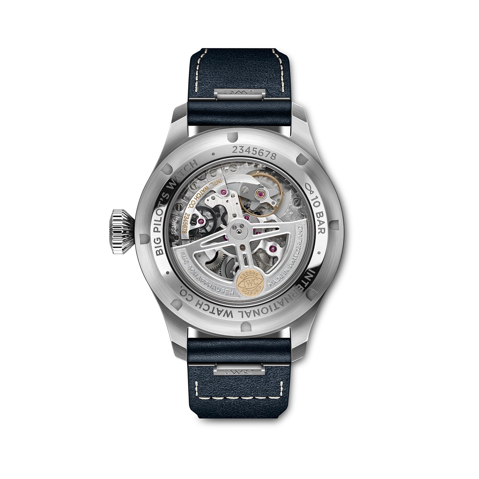 Back view of the IWC Schaffhausen Big Pilots Watch 43, showcasing its visible mechanical movement through a sapphire crystal caseback, paired with a black leather strap and glimpses of its striking blue dial.