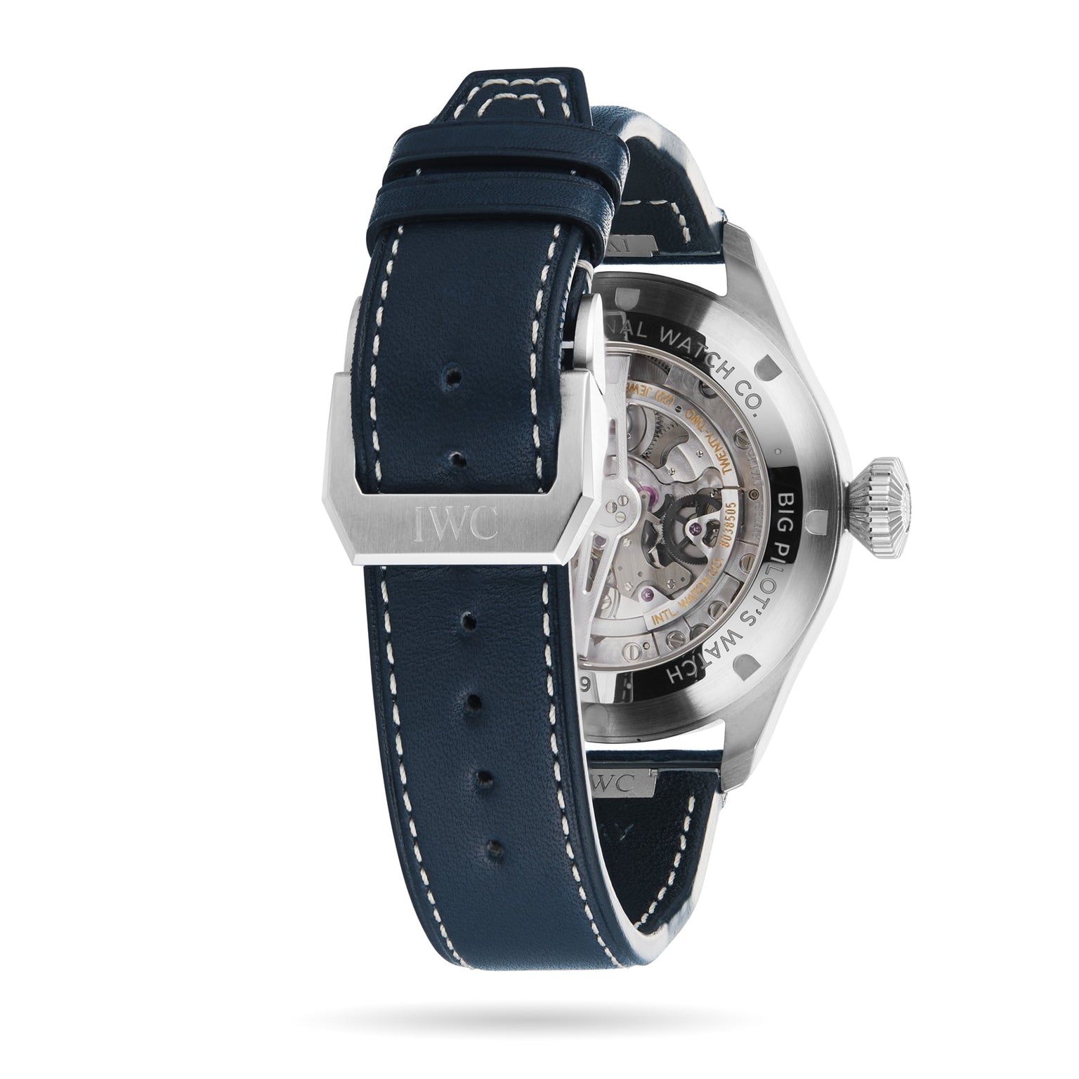 Rear view of the IWC Schaffhausen Big Pilots Watch 43, featuring a blue leather strap, silver buckle engraved with IWC, and a transparent case back showcasing the mechanical movement.