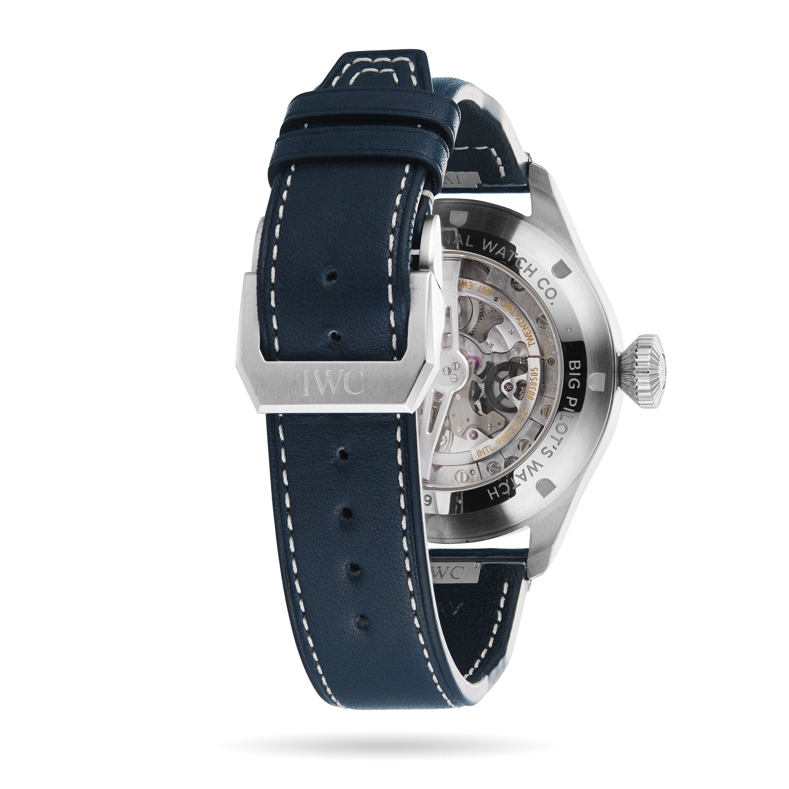 Rear view of the IWC Schaffhausen Big Pilots Watch 43, featuring a blue leather strap, silver buckle engraved with IWC, and a transparent case back showcasing the mechanical movement.