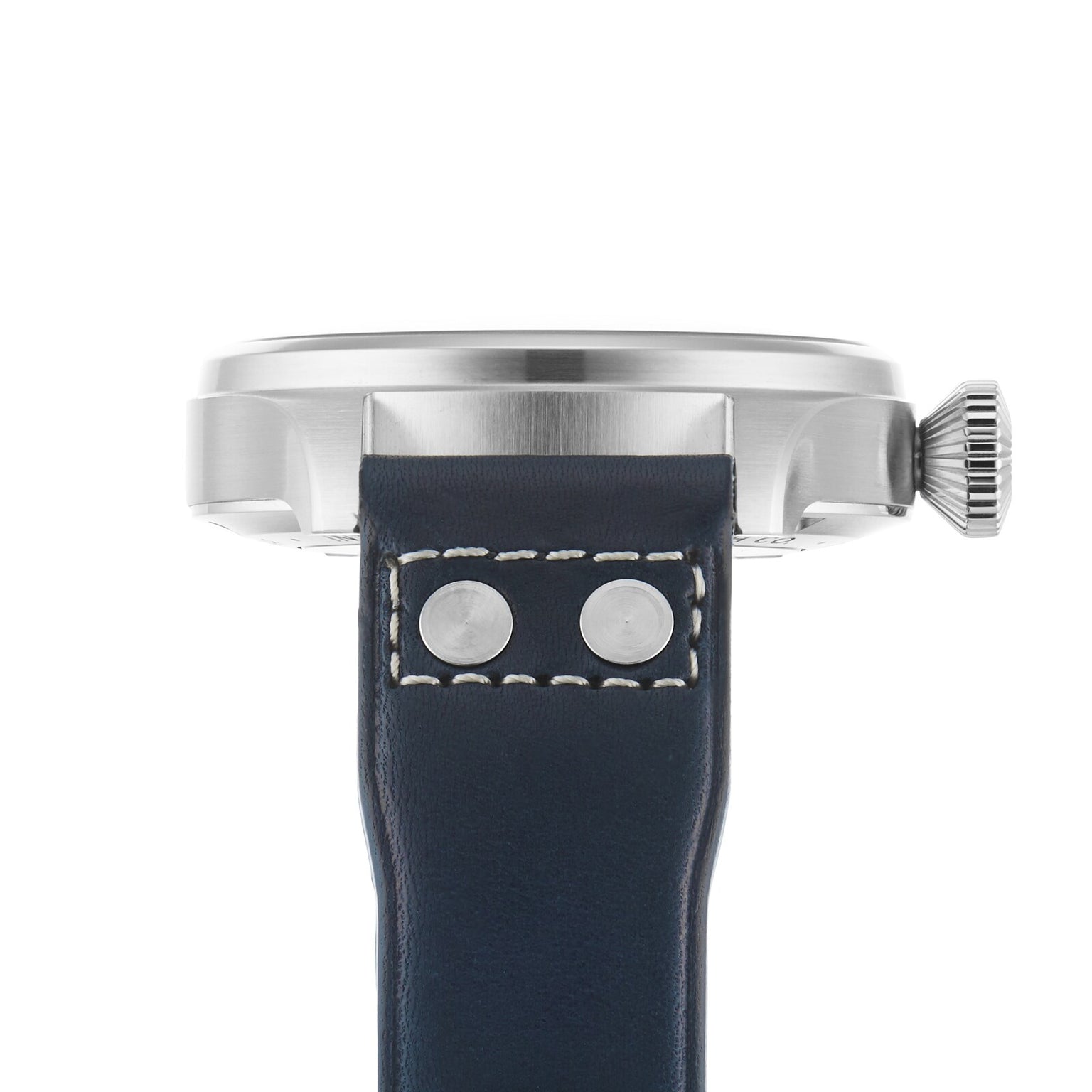 Side view of the IWC Schaffhausen Big Pilots Watch 43 featuring a stainless steel case, right-side crown, dark leather strap with white stitching and metal rivets, and a signature blue dial inspired by classic pilots watches.