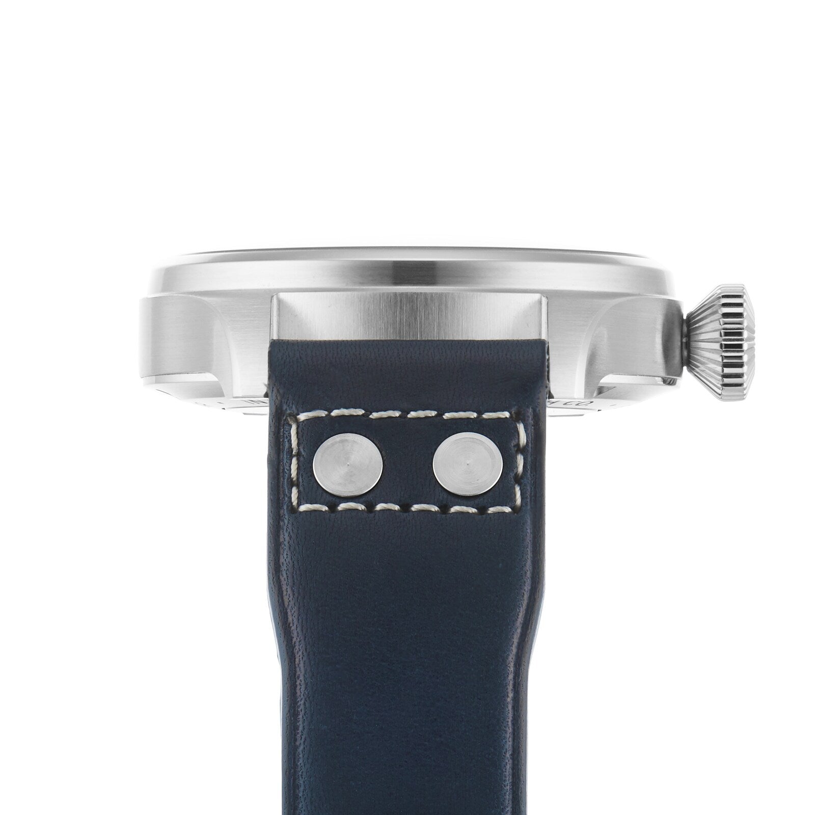 Side view of the IWC Schaffhausen Big Pilots Watch 43 featuring a stainless steel case, right-side crown, dark leather strap with white stitching and metal rivets, and a signature blue dial inspired by classic pilots watches.