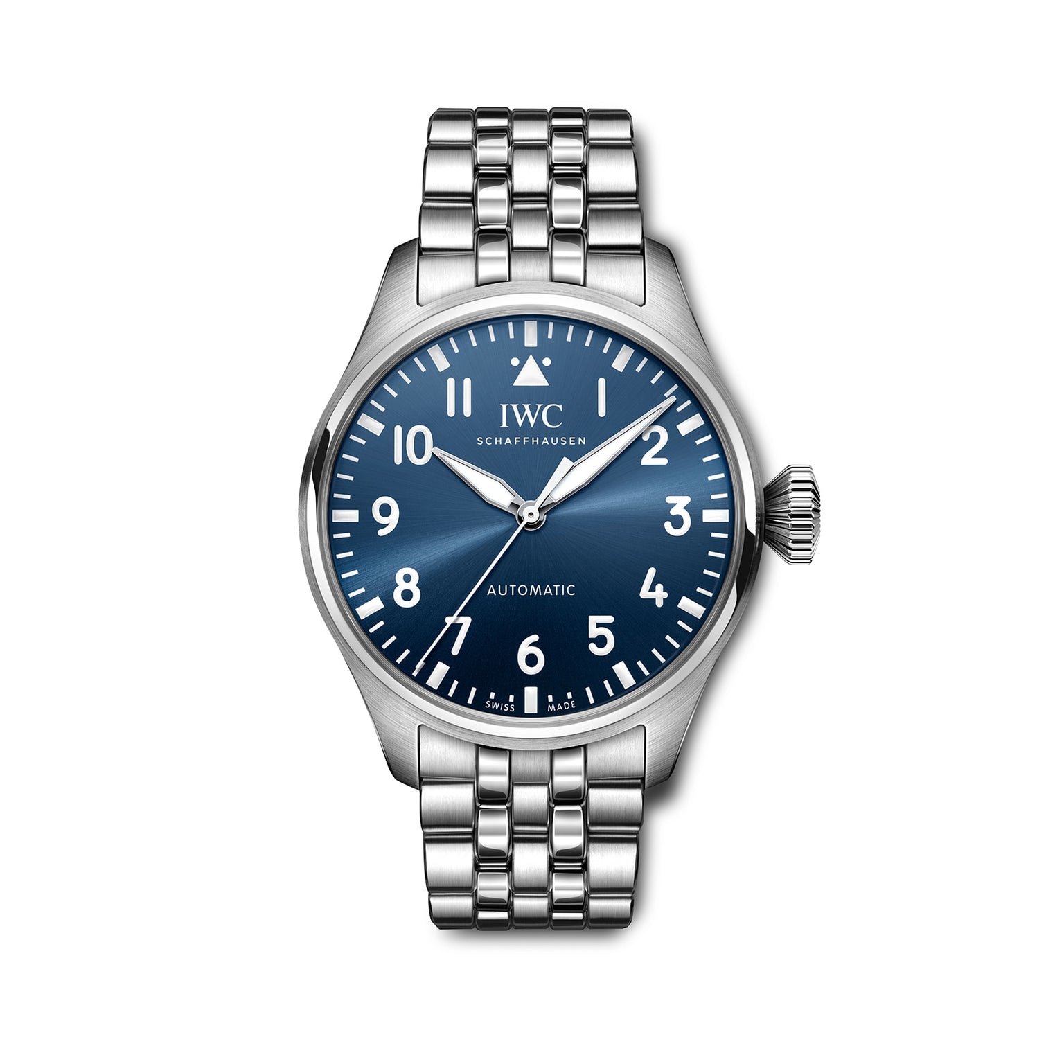 The IWC Schaffhausen Big Pilots Watch 43 features a stainless steel case, blue dial with white Arabic numerals, metal link bracelet, and displays 10:10—an elegant piece from the renowned Pilots Watches collection.