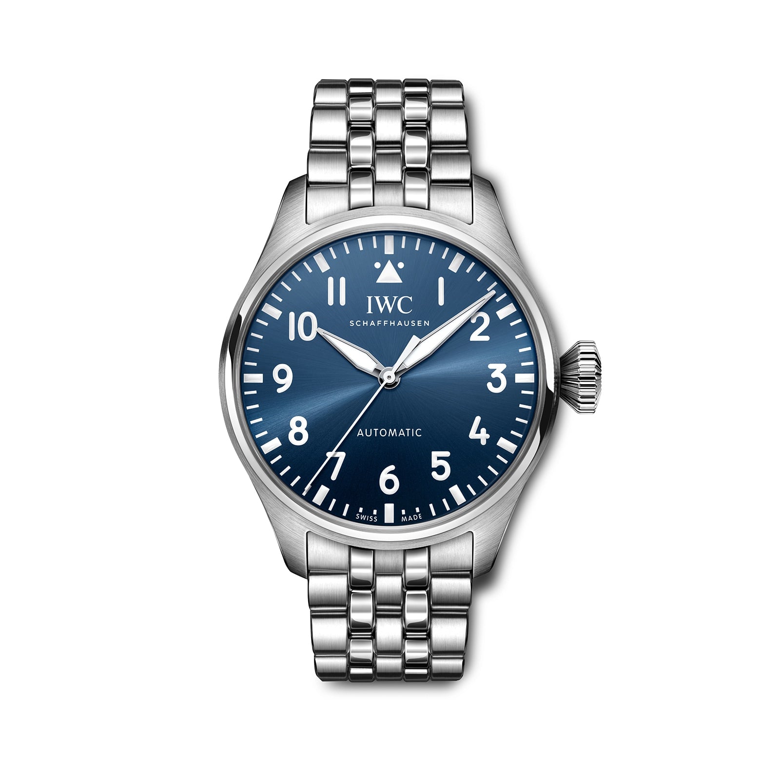 The IWC Schaffhausen Big Pilots Watch 43 features a stainless steel case, blue dial with white Arabic numerals, metal link bracelet, and displays 10:10—an elegant piece from the renowned Pilots Watches collection.