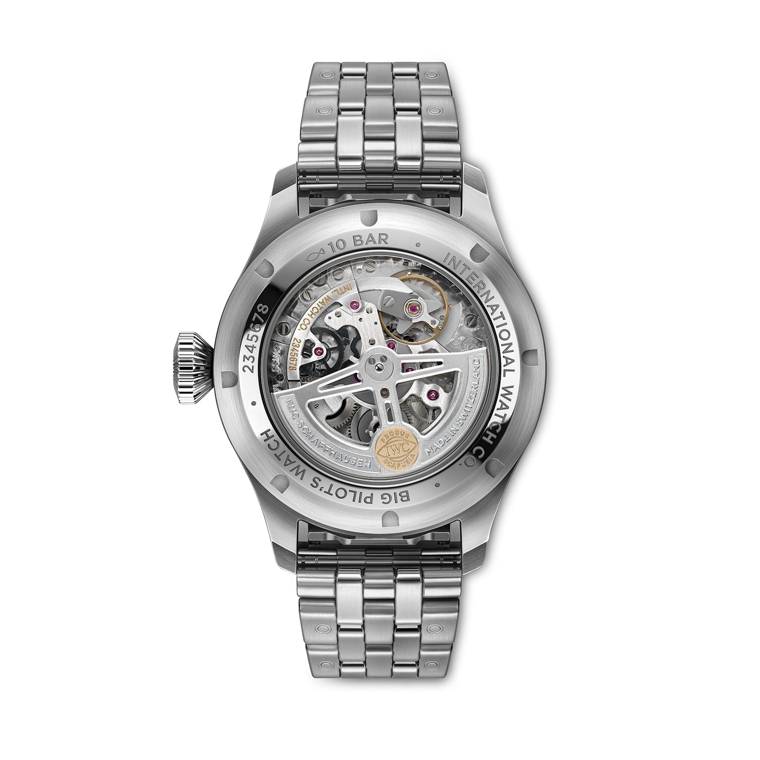 The IWC Schaffhausen Big Pilots Watch 43 showcases a stainless steel case and transparent back, revealing the IWC-manufactured calibre and engraved details—an outstanding addition to any Pilot’s Watch collection.