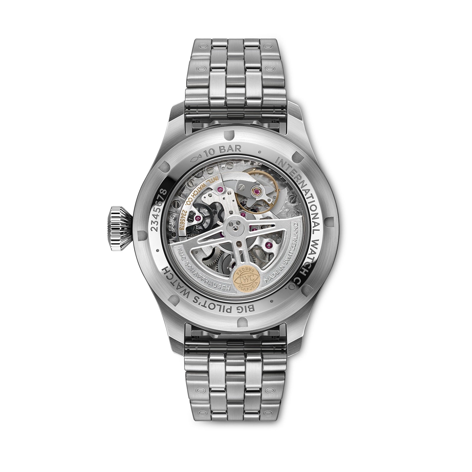 The IWC Schaffhausen Big Pilots Watch 43 showcases a stainless steel case and transparent back, revealing the IWC-manufactured calibre and engraved details—an outstanding addition to any Pilot’s Watch collection.