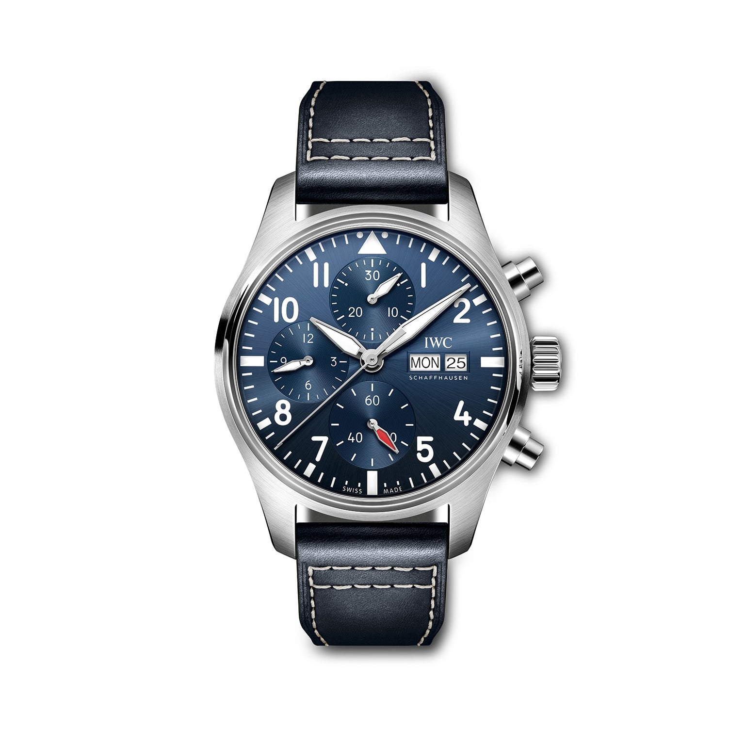 The IWC Schaffhausen Pilots Watch Chronograph 41 features a stainless steel case, blue dial, chronograph with three subdials, day and date display, and a black leather strap with white stitching.