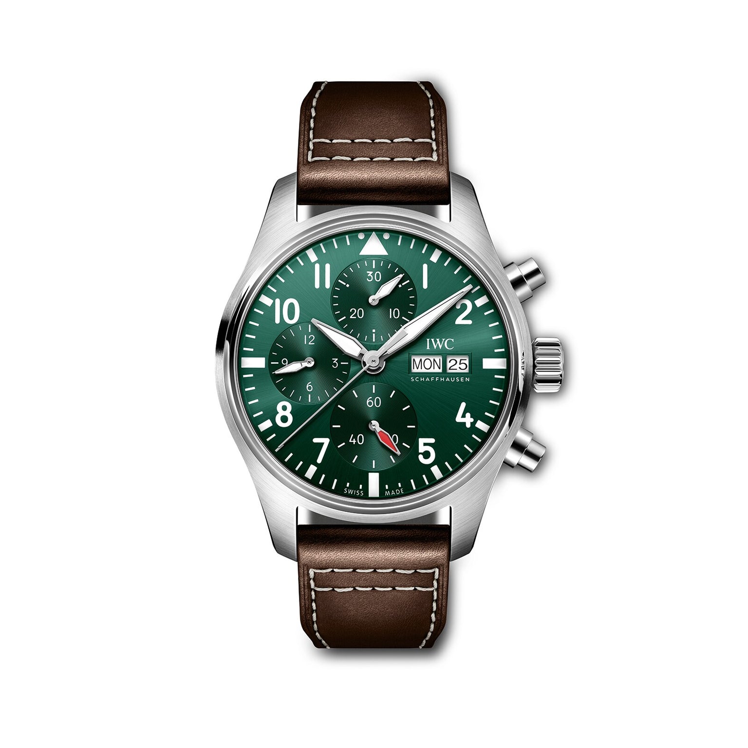 The IWC Schaffhausen Pilots Watch Chronograph 41 features a stainless steel case, green dial with three subdials, day and date windows, brown leather strap, and silver hands—capturing the essence of IWC Pilots Watches.
