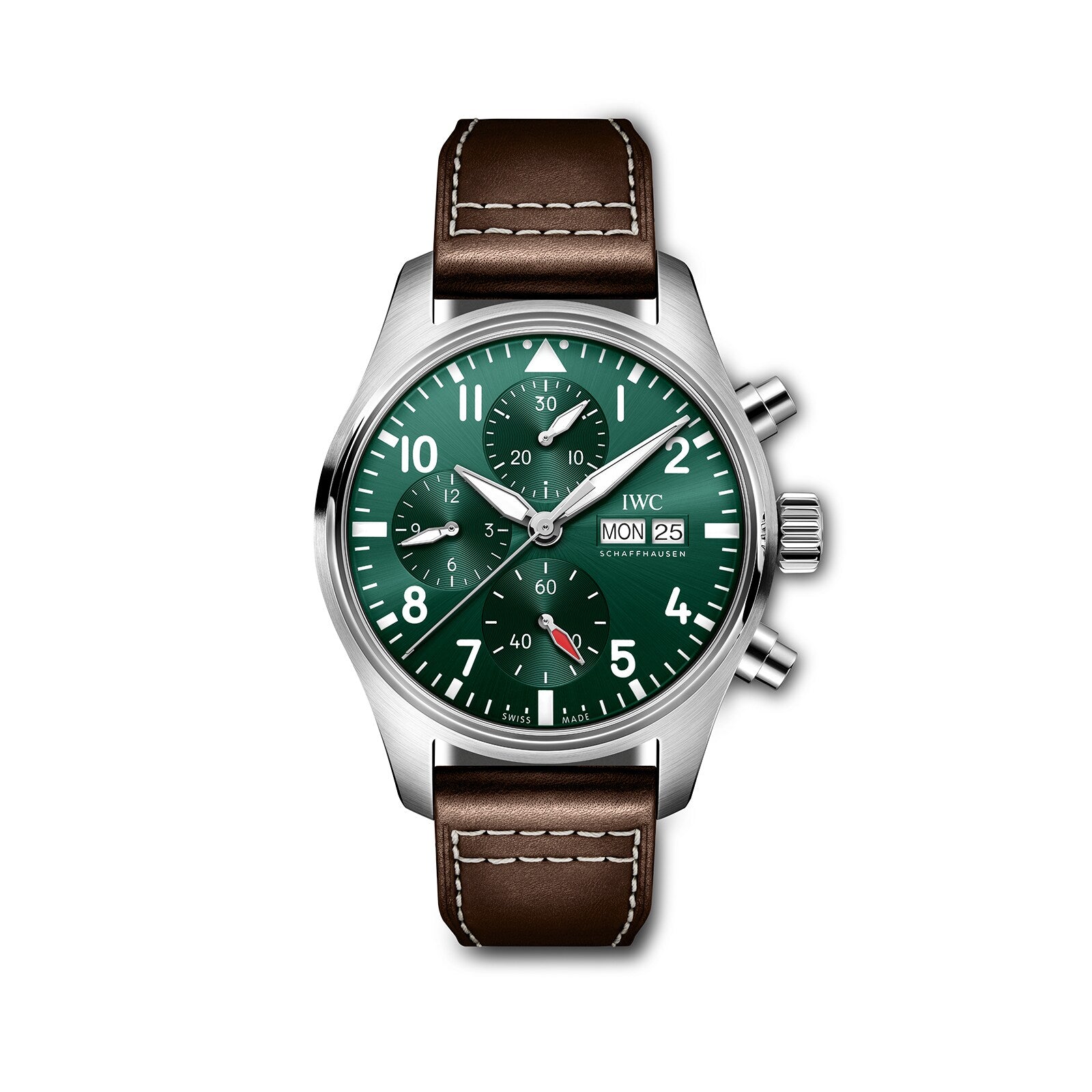 The IWC Schaffhausen Pilots Watch Chronograph 41 features a stainless steel case, green dial with three subdials, day and date windows, brown leather strap, and silver hands—capturing the essence of IWC Pilots Watches.